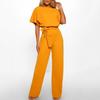 Women Jumpsuit with Lace-up Belt Wide Leg Short Sleeves Pure Color O Neck High Waist Outfit Casual Formal Long Romper Outfit