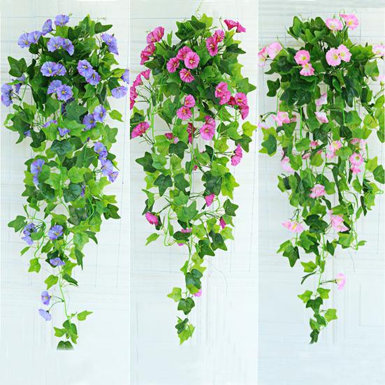 Fake Plant Flower Realistic Vivid Waterproof Hanging Artificial Silk Morning Glory Imitation Flower for Home