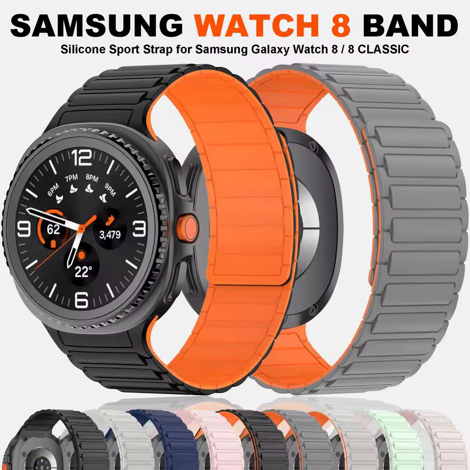 Мягкий силиконовый магнитный ремешок без зазоров для Samsung Galaxy Watch 8 Classic 46 мм, спортивный ремешок для Galaxy 7/6/5/4 40 мм 44 мм 45 мм 47 мм 43 мм с изогнутыми концами.