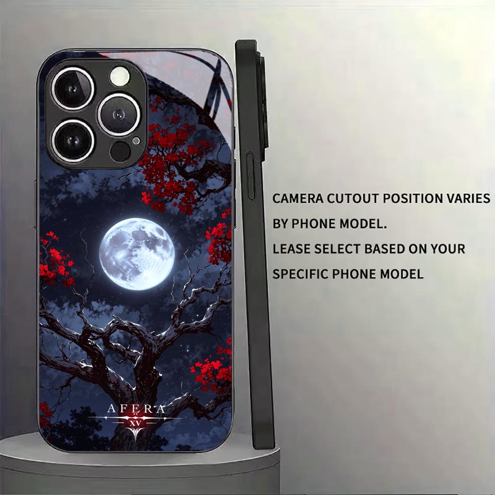 Red Maple Leaves Under a Full Moon Black Glass Case For iPhone 17 16 Pro Max 15 Pro 14 Pro 13 Pro Anti Drop Protective Shell