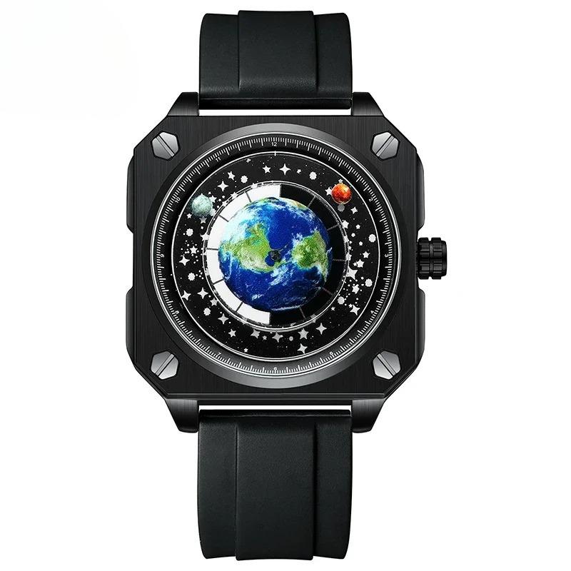 Часы Earth Watch для мужчин Вращающийся циферблат Земли Новый концепт Креативная синяя планета Немеханический указатель Силиконовый ремешок Мужские часы