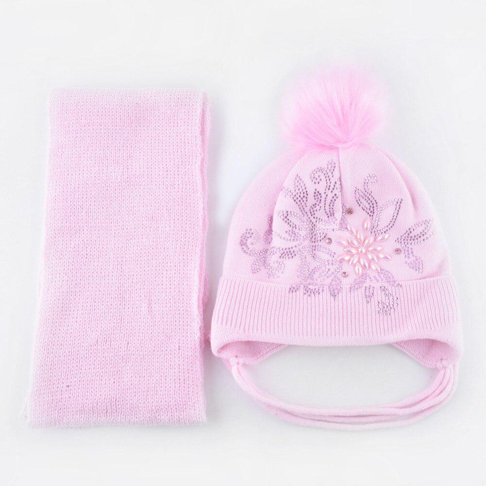 Зимняя шапка и шарф для девочек, теплая однотонная вязаная шапка, комплект с жемчугом, помпоном из искусственного меха, детская шапка