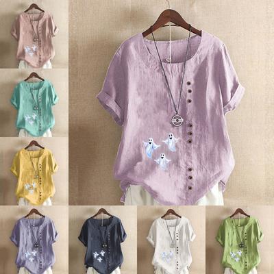 Женская мода футболка с коротким рукавом и круглым вырезом, повседневная хлопковая льняная рубашка с рисунком, свободная летняя блузка с принтом для отдыха и принтом призраков