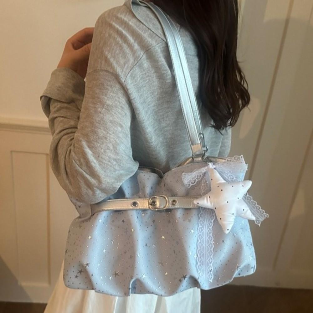 Solid Color Star Print Handbag Nylon Underarm Shoulder Bag Simple Women Tote Bag Ladies