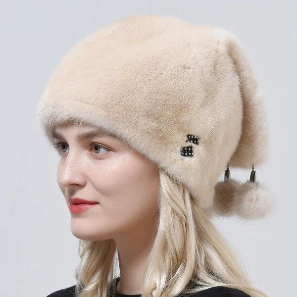 High Quality Real Mink Fur Hat Luxury Women Elegant Whole Skin Geniune Fur Hat Full Pelt 3 Balls Diamond Tail Hat Warm Snow Caps