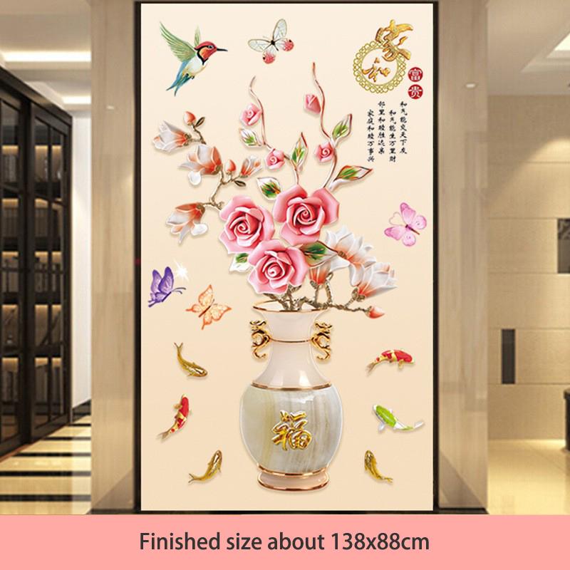 Chinese Style Classical Vase Flower Wall Sticker Rose Lotus Butterfly Decoration Decals Removable Wall Art Home Decor