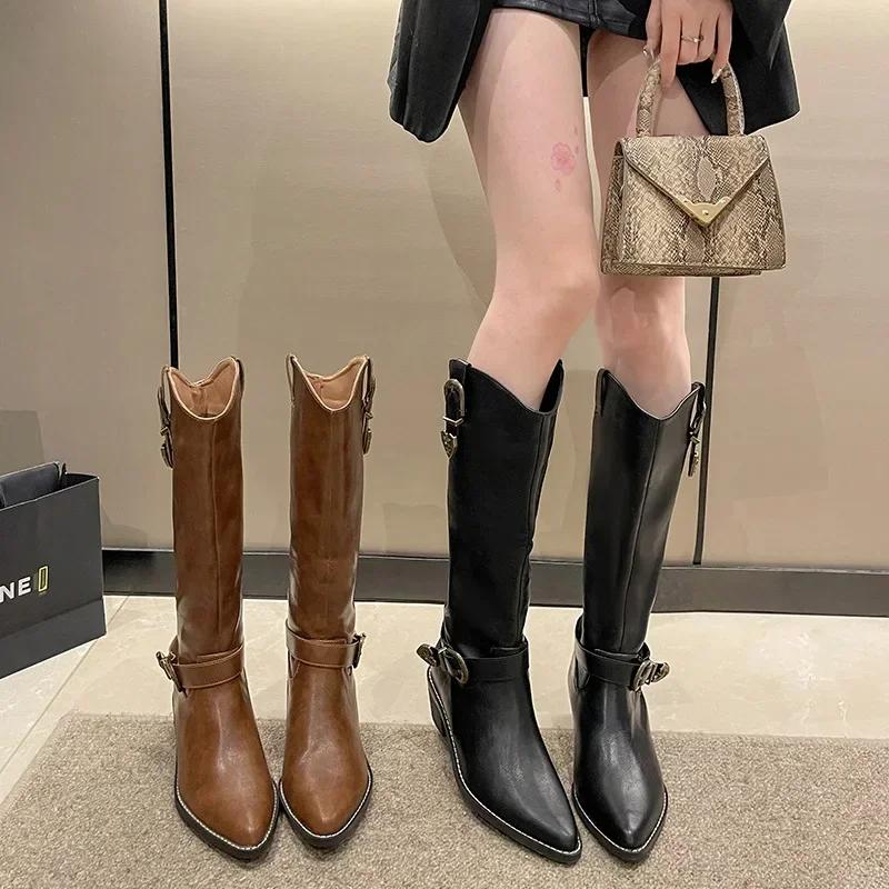 Винтажные кожаные ботинки женские с пряжкой на ремне, остроконечные на платформе, ковбойские сапоги в стиле вестерн, повседневные ботинки с глубоким V-образным вырезом и высокой посадкой