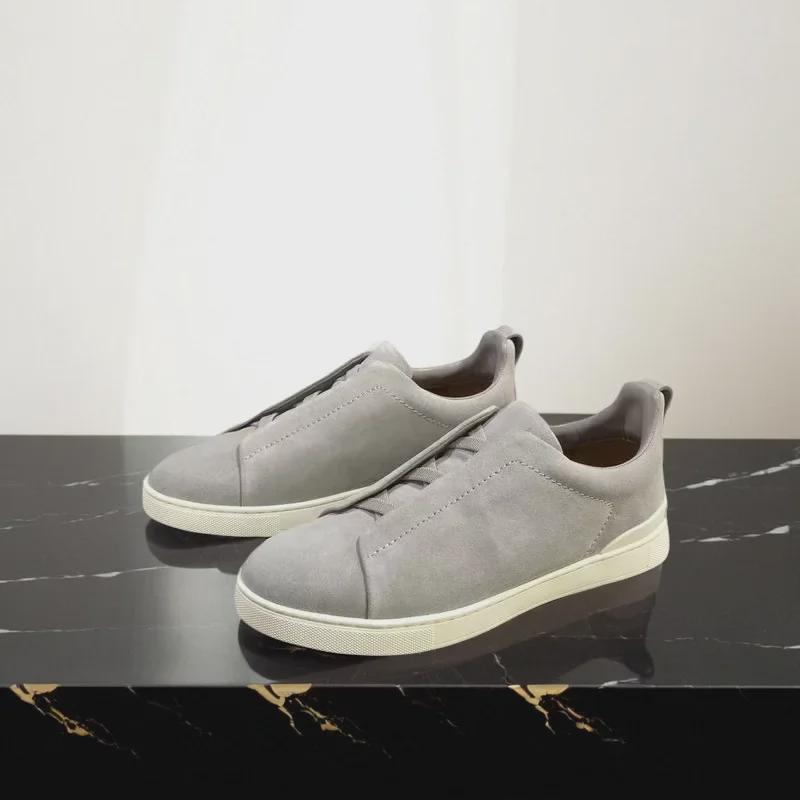 Мужские летние черные кожаные кроссовки Slip-On: Дышащие, легкие, повседневные, с круглым носком и плоской подошвой