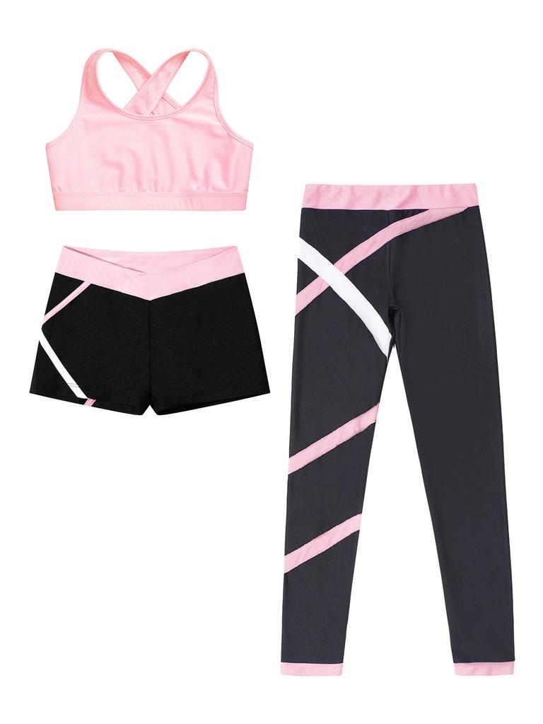 Kids 3 Piece Dance Outfit Tracksuit Girls Cross Nack Tank Sport Bra with Yoga Pants Leggings Ballet Shorts Set