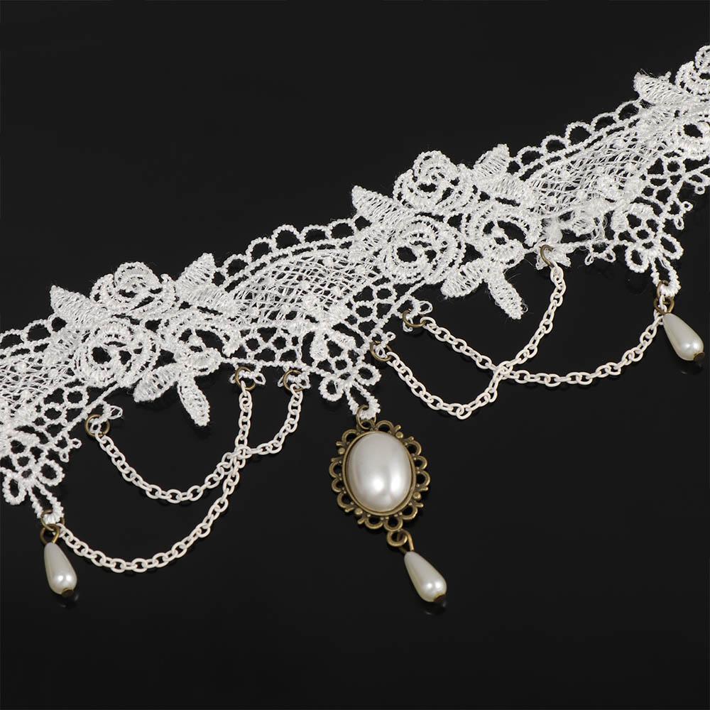 Vintage Punk Tassel Imitation Pearl White Choker Women Jewelry Bridal Lace Necklace