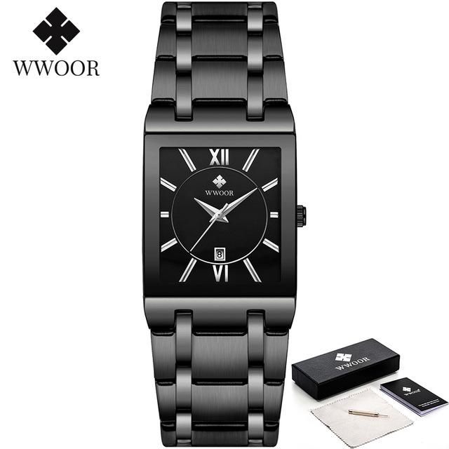 Fashion Stainless Steel Watches Men WWOOR Square Waterproof Quartz Watch Men Top Brand Luxury Gold Black Wristwatch For Man