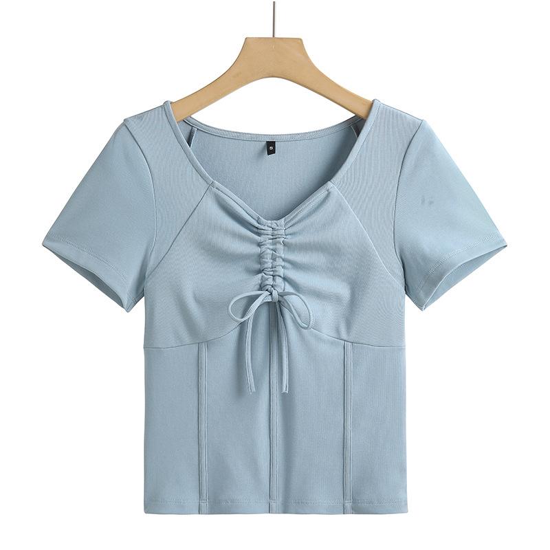 Women's Summer V-neck Drawstring Design Short-sleeved T-shirt Solid Color High Waist Small Shirt