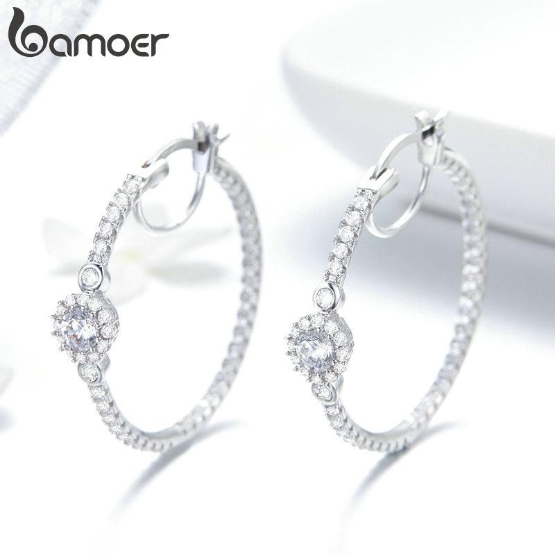 BAMOER New Arrival Silver Color Hyperbole Big Round Circle Clear CZ Cubic Zircon Stud Earrings for Women Jewelry YIE137