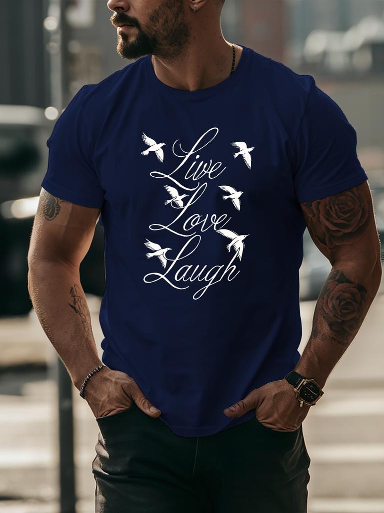 Unisex White Tee Live Love Laugh Birds Script Text Graphic Print Crew Neck Short Sleeve Summer Casual Male Cotton Street Daily Top