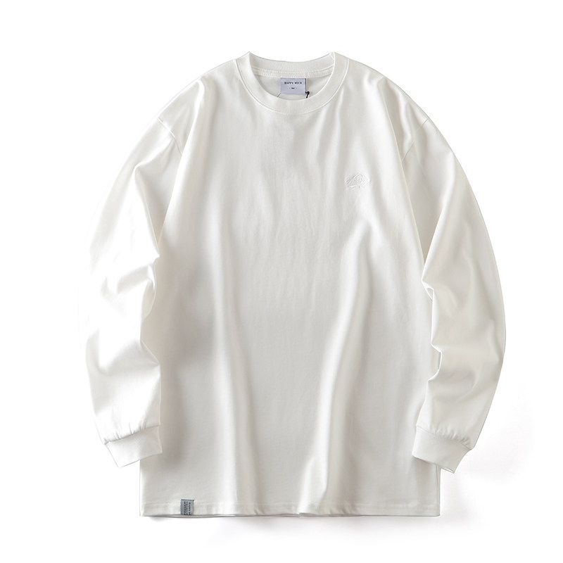 American Retro Heavy Weight Pure Cotton Shoulder Embroider White Long Sleeve T-shirt Men's Autumn and Winter Undershirt Export Cotton T-shirt