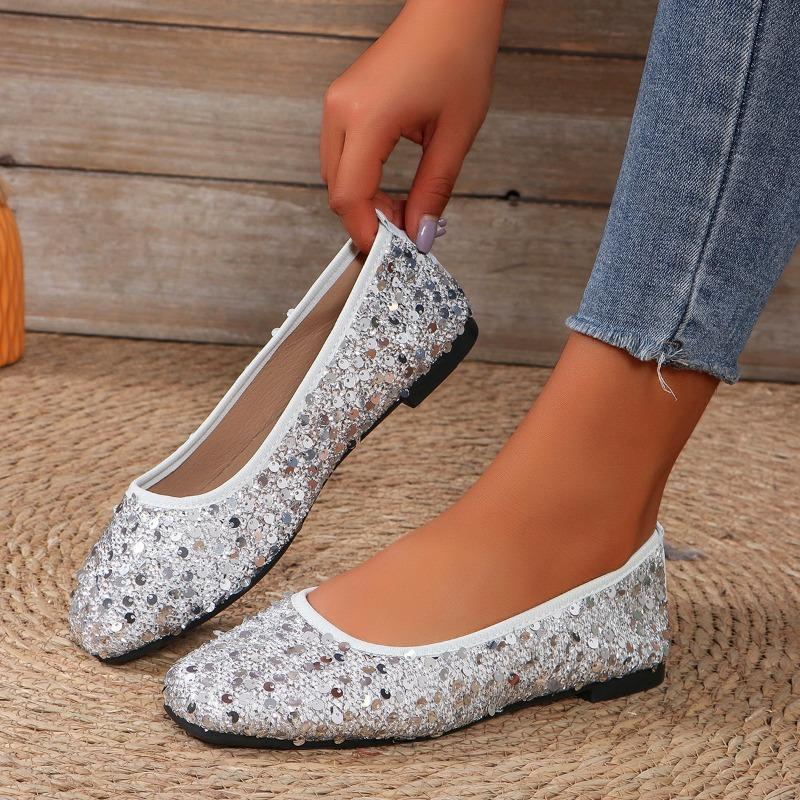 Shoes Female 2024 Fashion Slip On Women's Flats Spring Square Toe Solid Sequins Shallow Mouth Rubber Flats Basic Commuting Shoes