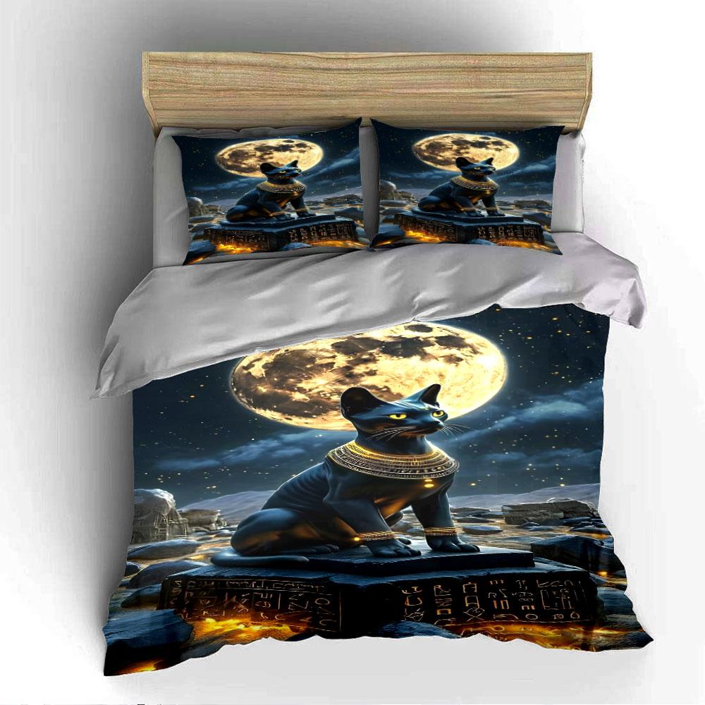 Egyptian Cat Statue Under Moon Bedding Duvet Cover Set (1*Duvet Cover 2*Pillowcases, without duvet insert)