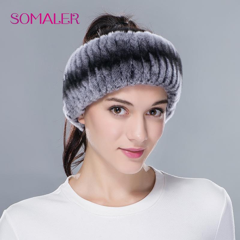 SOMALER Winter Real Rabbit Fur Headband for Women Knitted Rex Rabbit Fur Head Wrap Womens Ear-warmer