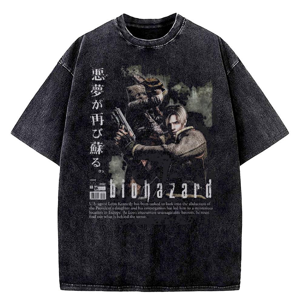 Leon Kennedy Requiem Game Theme Mens Tshirt Summer Vintage Washed Cotton Casual Suitable for Both Men and Women