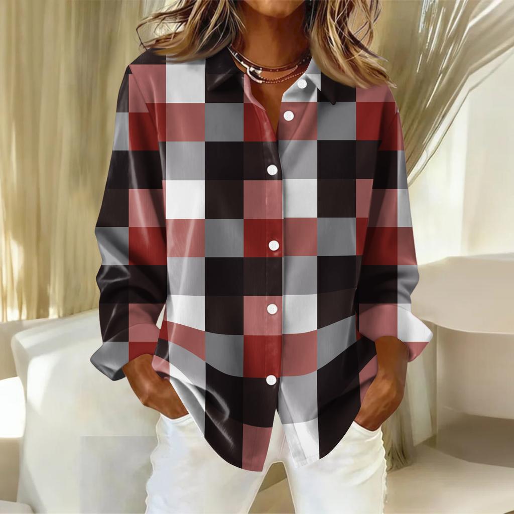 Женская рубашка-блузка с рождественским принтом и пуговицами, длинный рукав, повседневный базовый рубашечный воротник, обычный топ