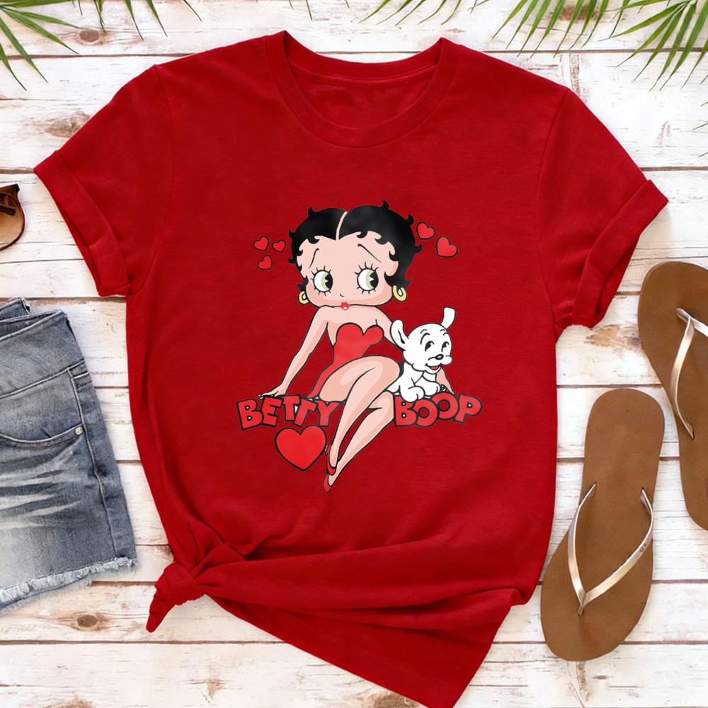 Classic Red Dress Betty Boop Theme Series Printed TShirt Betty Boop Collector Casual Daily Outfit Retro Style Women Cotton Tops