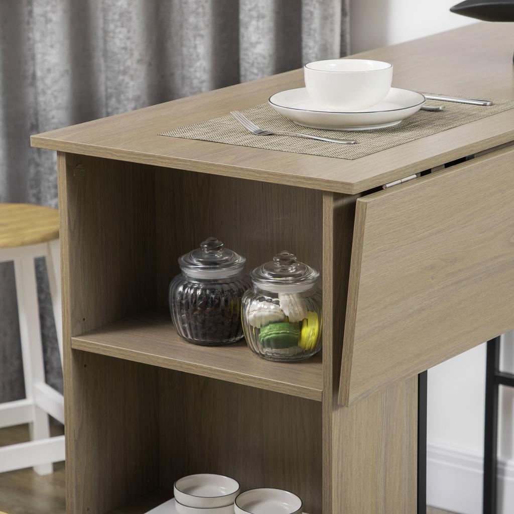 Central Island Bar Table with Fold-Down Side Top and 3 Shelves 120 x 76 x 91.4 cm Light Grey