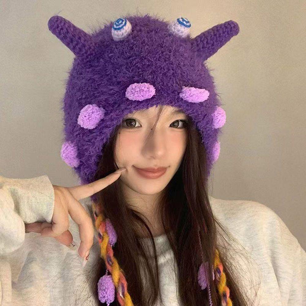 Windproof Plush Knitted Hat Ear Protection Pullover Caps Cute Little Monster Hat Autumn Winter