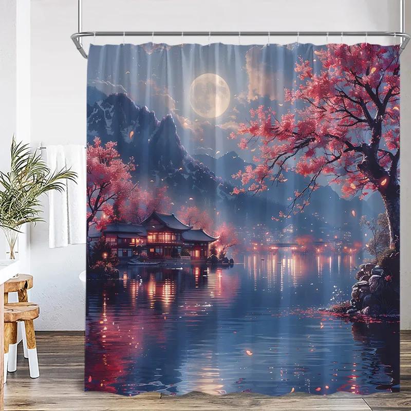 Japanese Landscape Shower Curtains Pink Cherry Blossom Mountain Lake Night Scenery Polyester Fabric Home Bathroom Curtain Decor