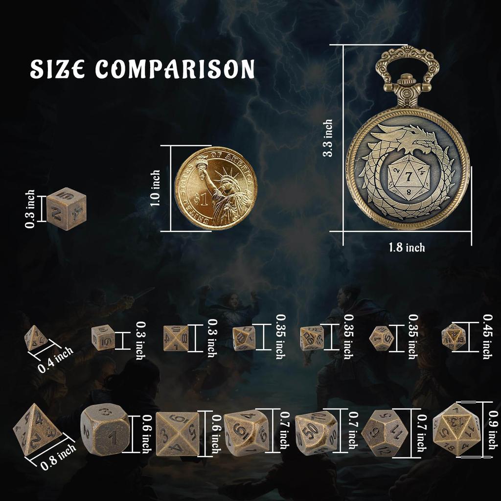 Bronze Pocket Watch with Smallest Metal Set Micro Dices Set Pocket Watch Case Suitable for Tabletop RPG and Board Games