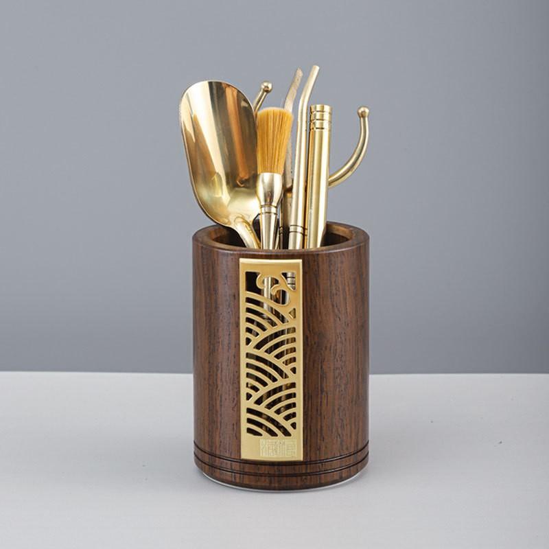 Wooden Tea Ceremony Tools Set With Brass Accessories - Black Ebony Rosewood 5-Piece Gongfu