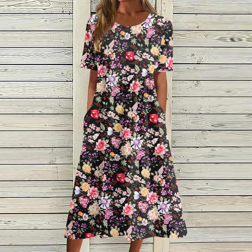 Women's Casual Dresses Printed Dresses Summer Dresses Printed Pleated Round Neck Midi Dresses Basic Classic Outdoor Daily Short Sleeve Loose Dresses
