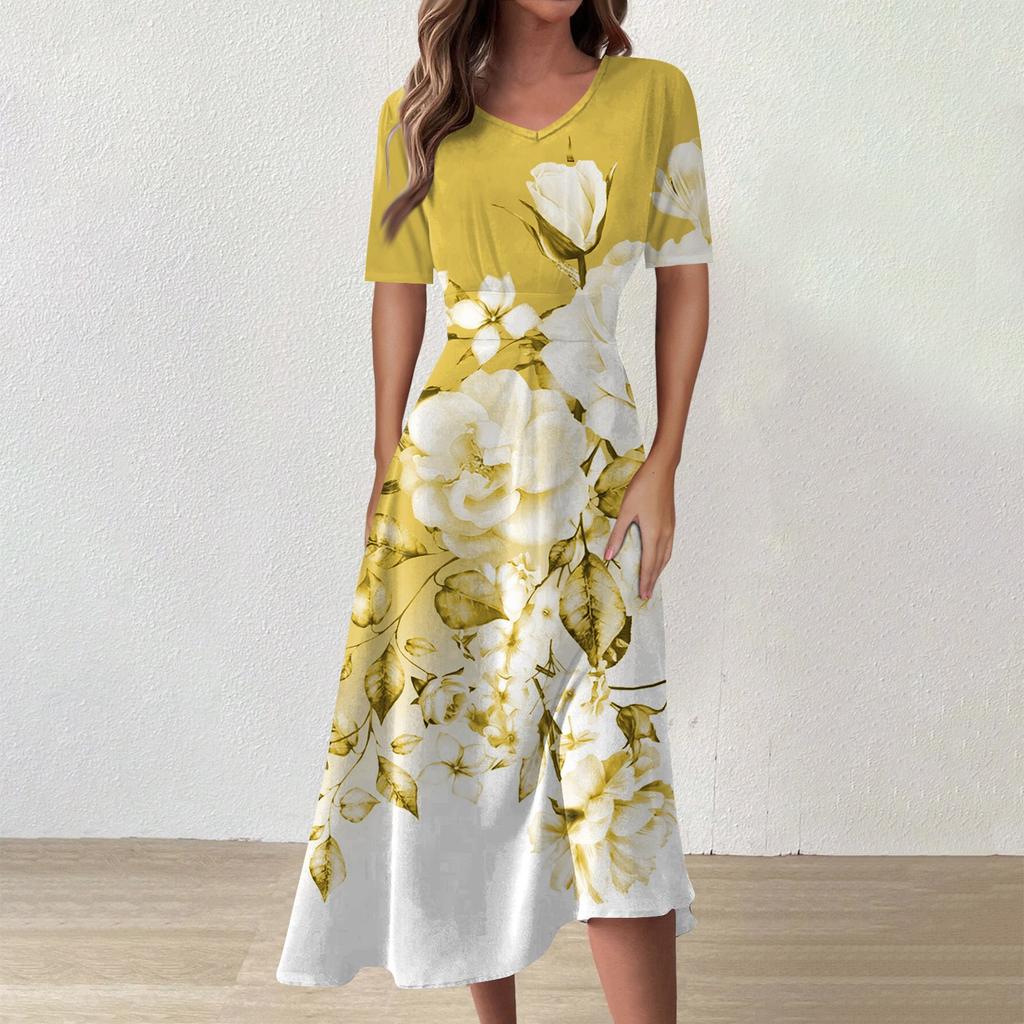 Женское повседневное модное платье с цветным V-образным вырезом и коротким рукавом на талии, длинное свободное платье