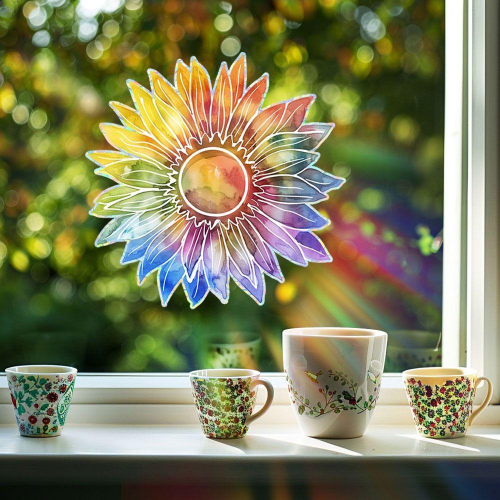 Rainbow Prisms Sun Flower Decals Colorful Glass Static Sticker Sun Catcher Window Stickers  Office