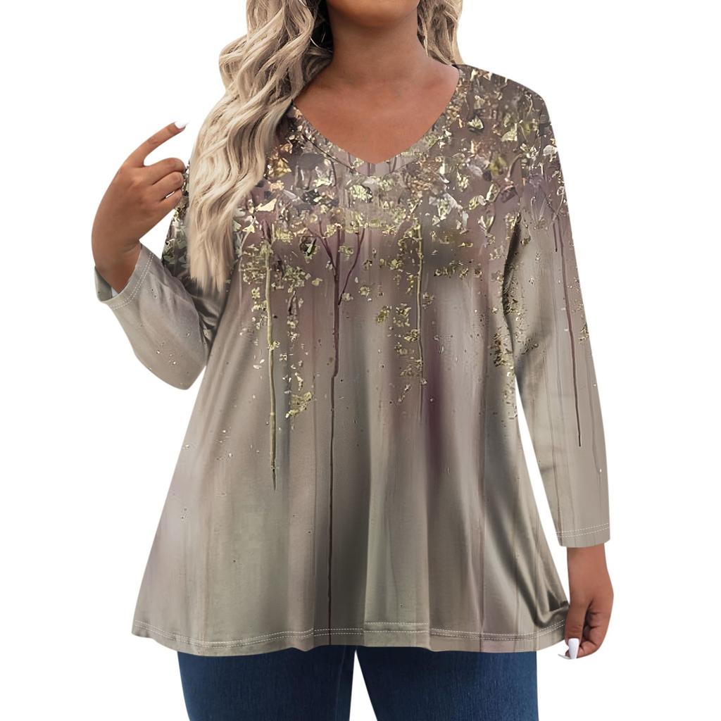 Женская футболка с винтажным цветочным принтом и V-образным вырезом, свободная, с длинным рукавом, большой размер