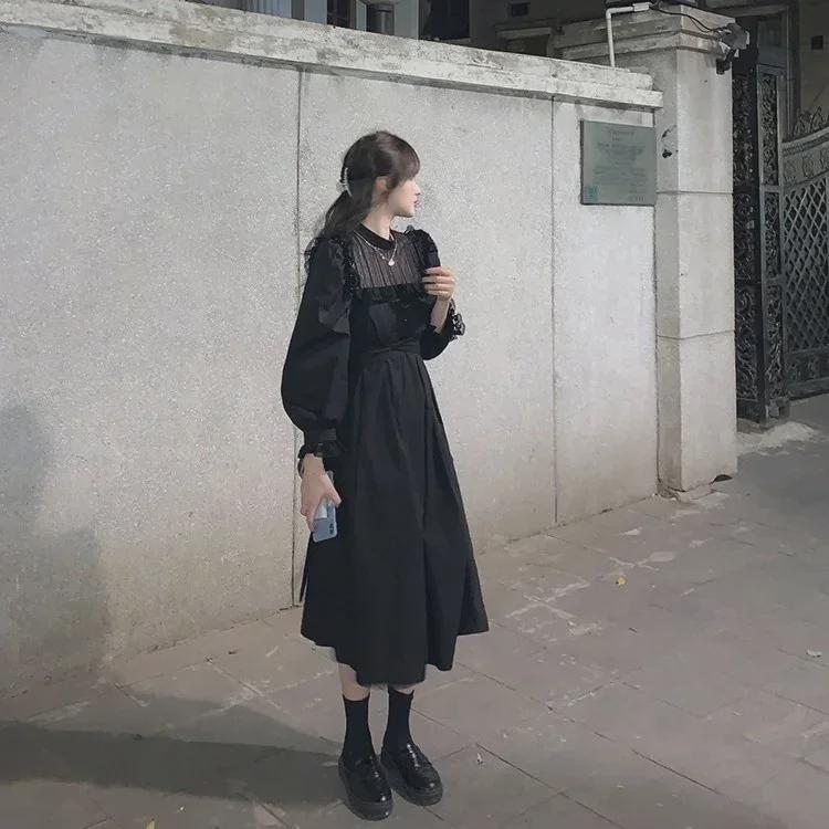 Женское зимнее корейское платье 2025 года с рукавами-фонариками и кружевом