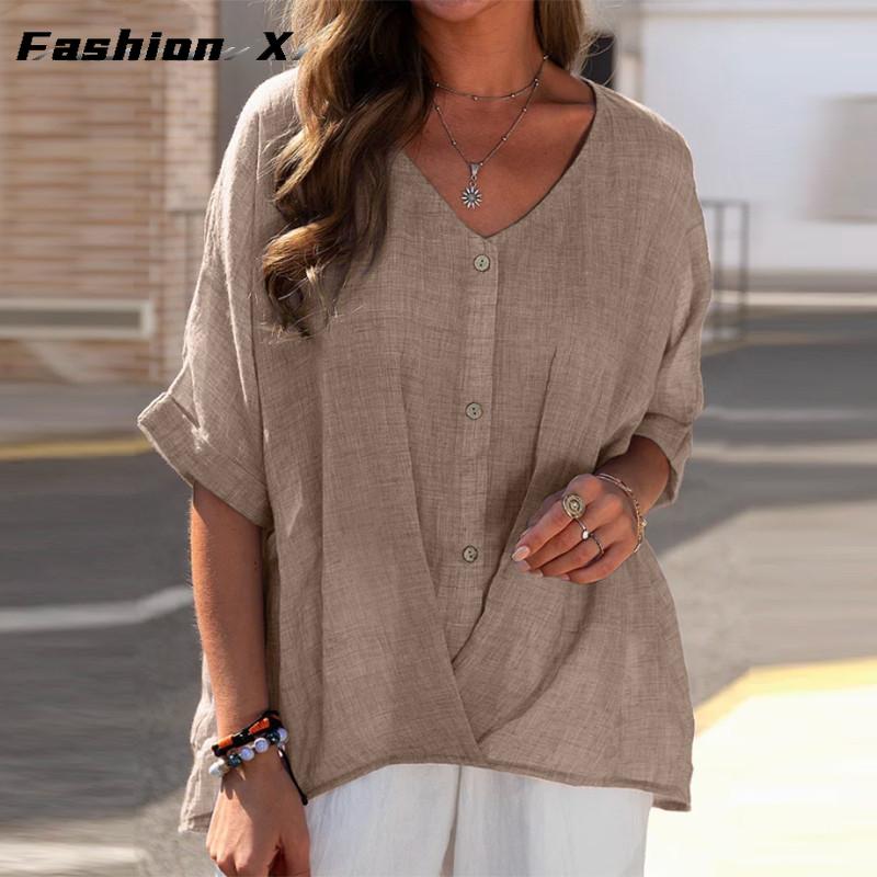 Cotton T-shirt V-neck Short Sleeve Loose Women's Shirt Casual Tops