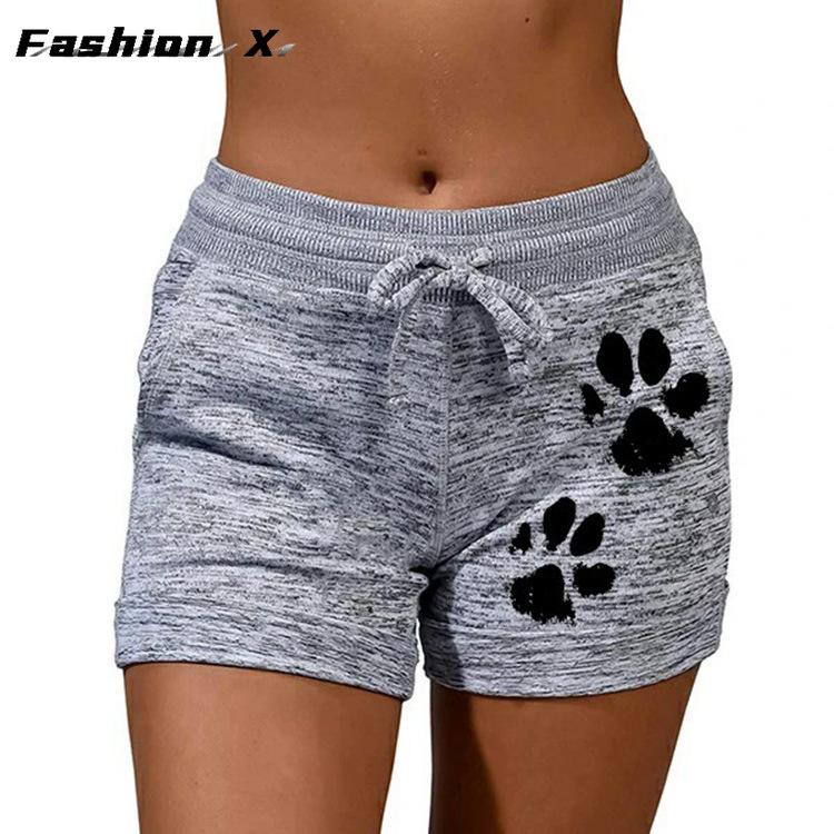 Women's Shorts High Waist Cat Paw Printed Drawstring Sport Shorts