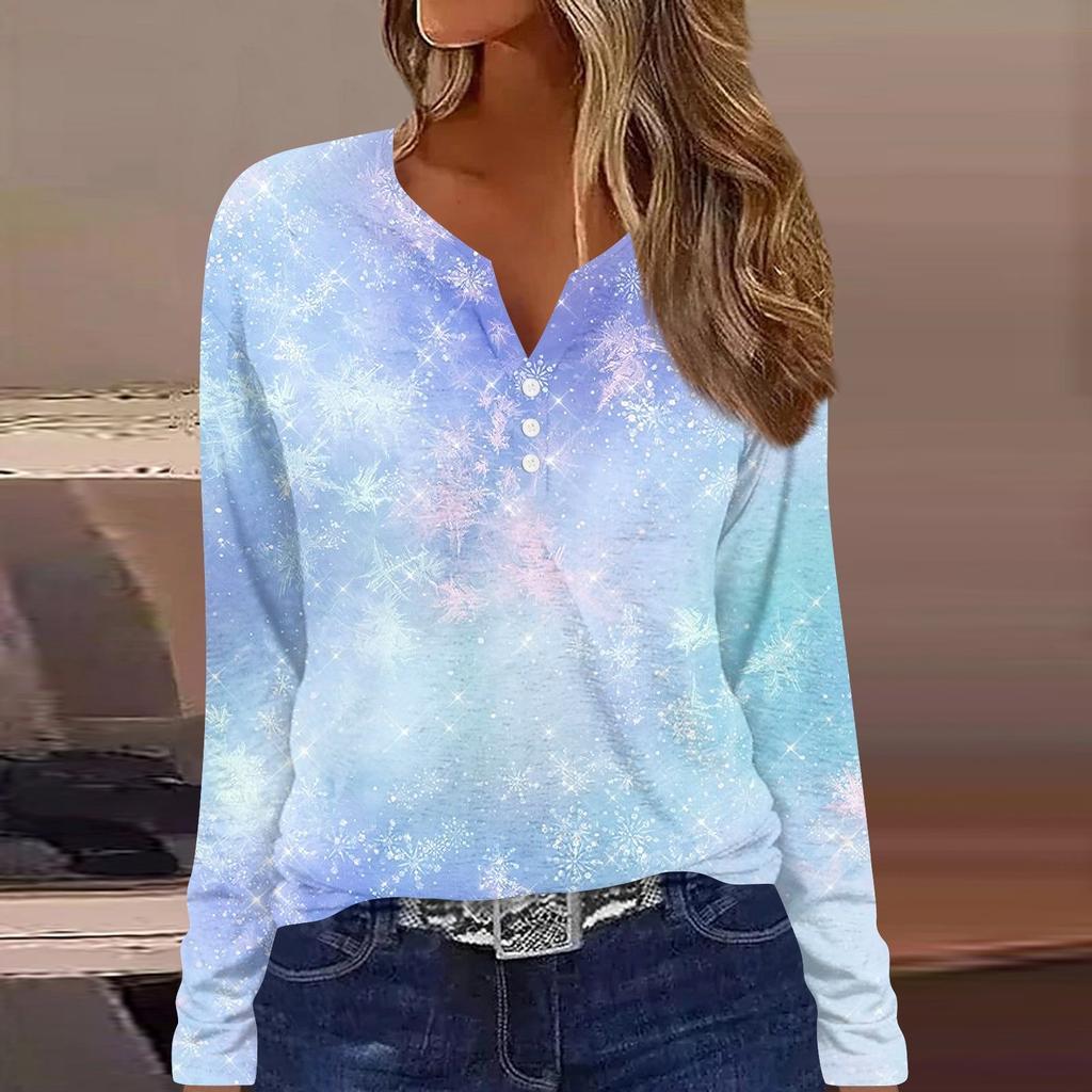 Женская мода повседневная цветочная рождественская печать V-образный вырез с длинными рукавами на пуговицах с длинными рукавами топ