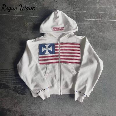 RogueWave Американская Мода Уличная Одежда Готический Флаг Стразы Вышивка Толстовка на Молнии Y2k Сплайсинг Оверсайз Свободный Хлопковый Свитшот