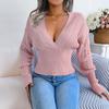 Women Autumn Winter Hollow V Neck Bat Sleeve High Waist Solid Color Pullover Sweater