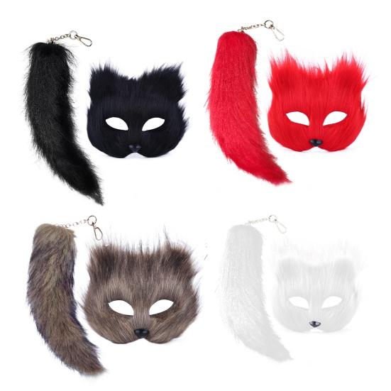 2 шт./компл., комплект с лисьим хвостом для девочек, пушистая маска, длинный лисьий хвост, комплект из искусственного меха, Хэллоуин, кошачий хвост, косплей, комплект с лисьим и волчьим хвостом