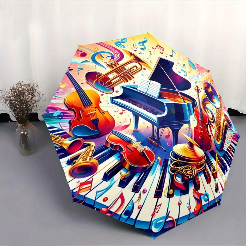 Automatic Folding Umbrella Musical instruments and notes. Portable collapsible design, casual outdoor accessory, for all seaso