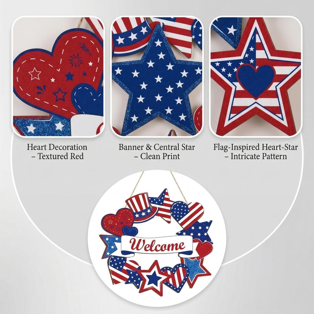 4th Of Welcome Door Sign, Patriotic Red Blue Wooden Hanging Decor