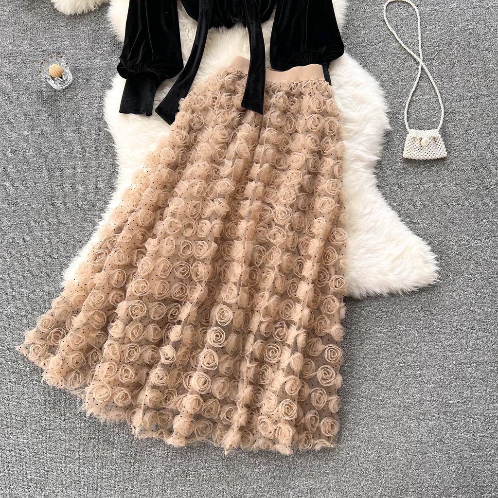 Korean Three-Dimensional Flower High Waist Slim Skirt Loose Bubble Sleeve Velvet Top Sweet Suit Skirt Two-Piece Set