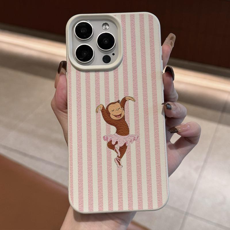 Pink Striped Cute Dancing Monkey Pattern Phone Case For iPhone 17 Pro Max Cases iPhone 16 Plus 15 14 13 12 11 XS XR X 17E Cover