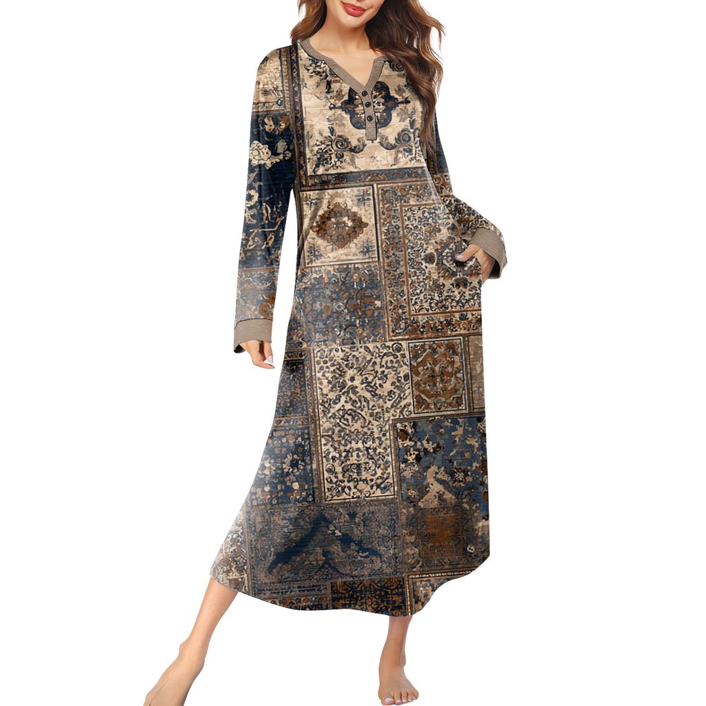 Женская ночная сорочка длинная домашняя одежда с V-образным вырезом и карманами