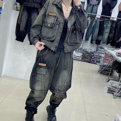 Ретро Модный Вышитый Ковбойский Комплект для Женщин Весной, Большой и Стильный, Куртка с отложным воротником, Уменьшенный Двухпредметный Комплект