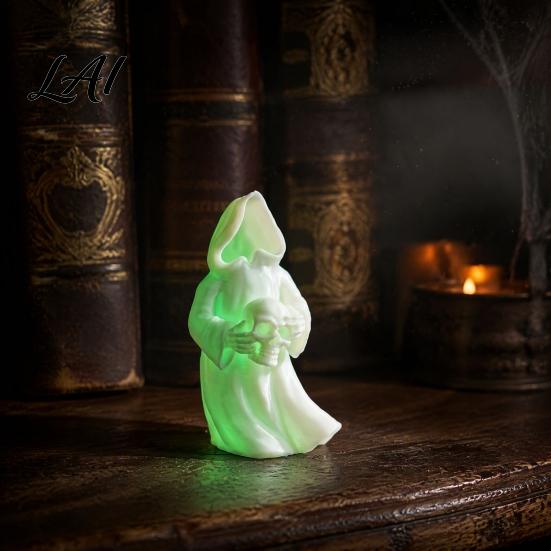 Spooky Window Display 3D Printed Glow in The Dark Skull Ornament Gothic Hooded Ghost Statue Halloween Party Supplies for Desktop Decoration Luminous