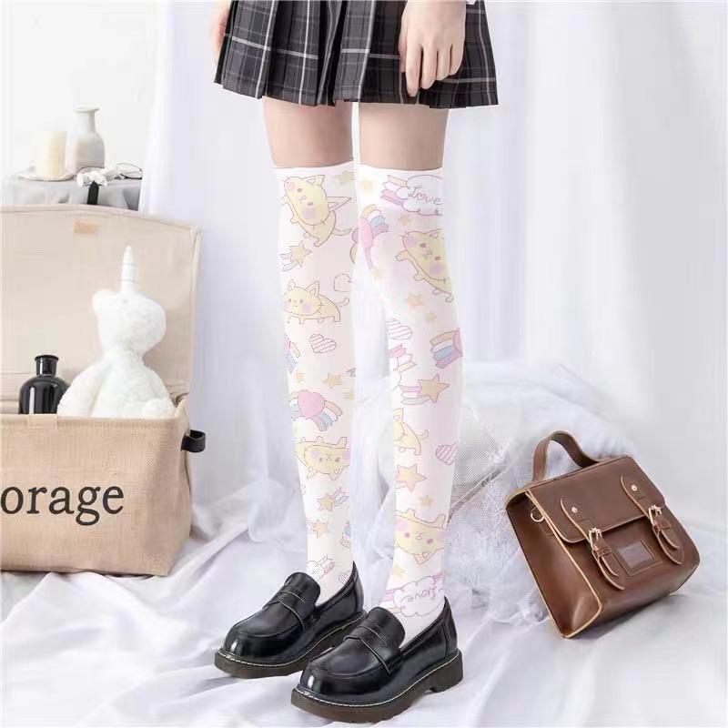 Women Lolita Cartoon Rabbit for Cat Printed Thigh High Stockings Japanese Anime Kawaii Strawberry Bow Cosplay Over Knee Long