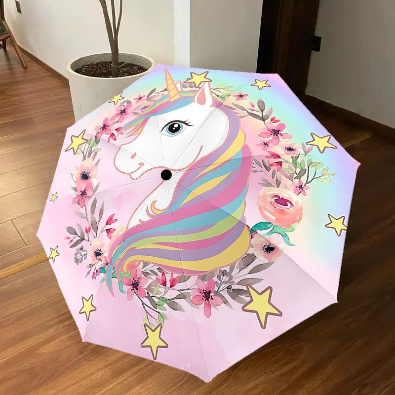 1PC unicorn flowers Umbrella-8-Rib Reinforced, Automatic Open, Lightweight & Durable, Cute Fashion Accessory for Outdoor-W9267